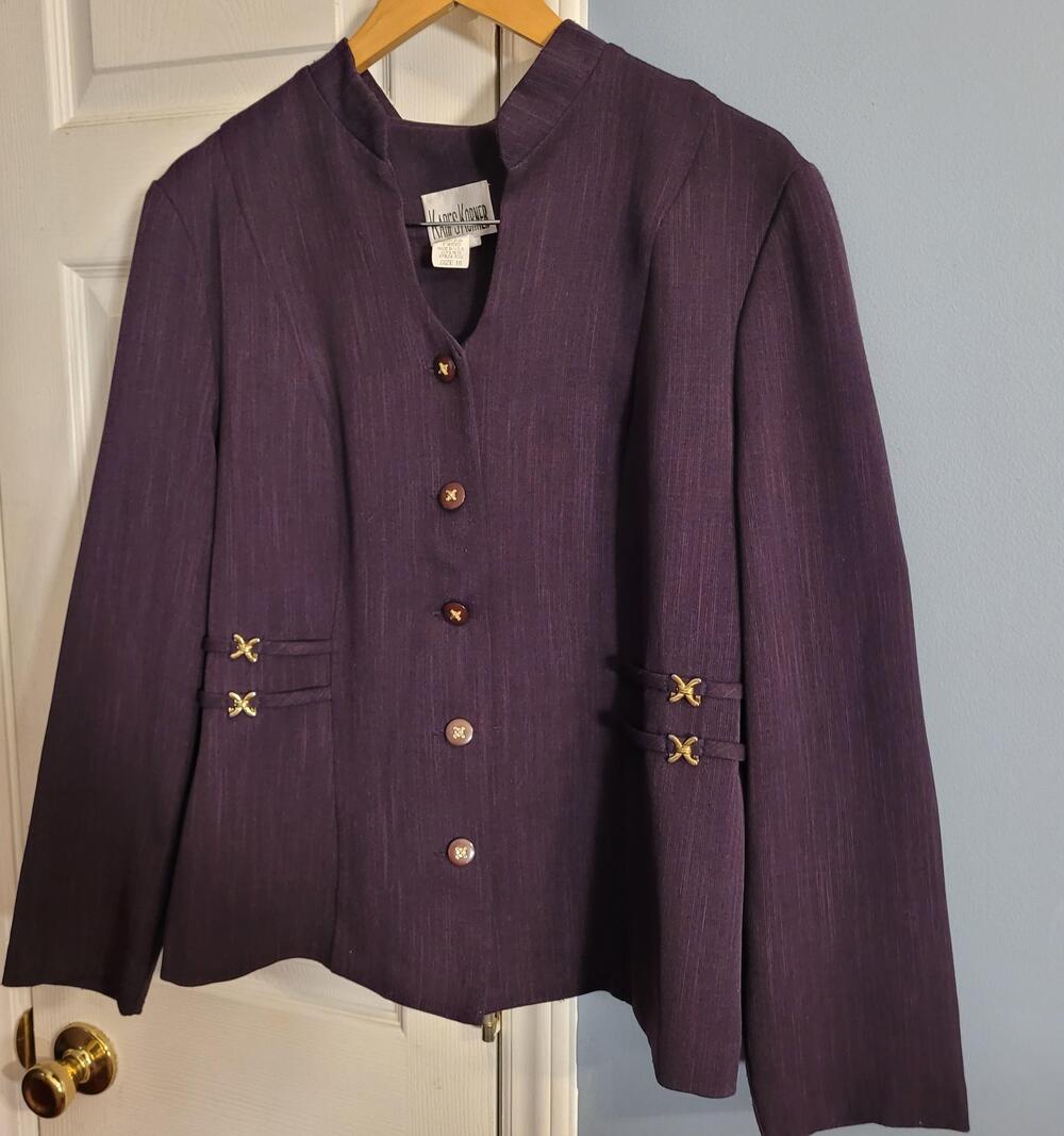 Vtg Kari's Korner Blazer Jacket Womens 16 Purple Gold Button Made USA Career